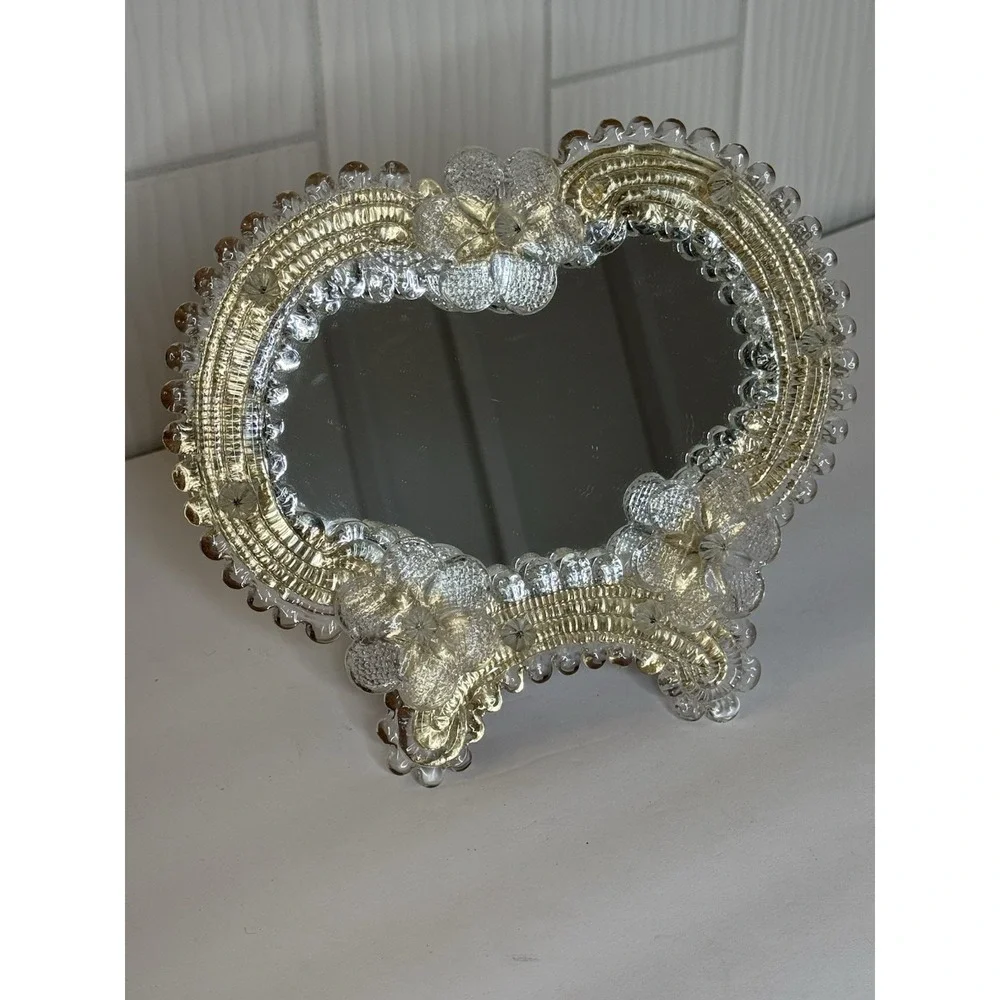 Vintage Venetian Style Murano Art Glass Mirror Tabletop Easel Back Italy 7x8 MCM
